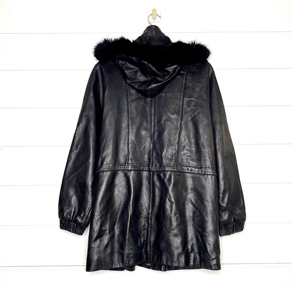 Vintage Genuine Lambskin Leather Black Parka w/ Fox Fur Trimmed Removable Hood - Picture 4 of 15